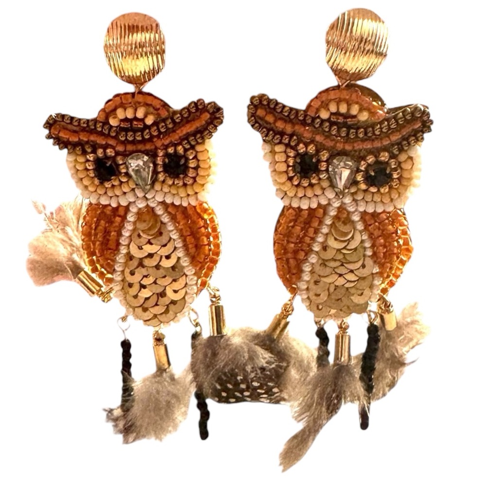 Chico's Owl Earrings, beads, sequins, feathers- NWT